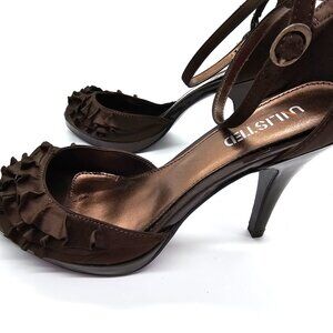 Unlisted by Kenneth Cole Brown Satin Peep Toe Ankle Strap Heels w/ Ruffles Sz 8